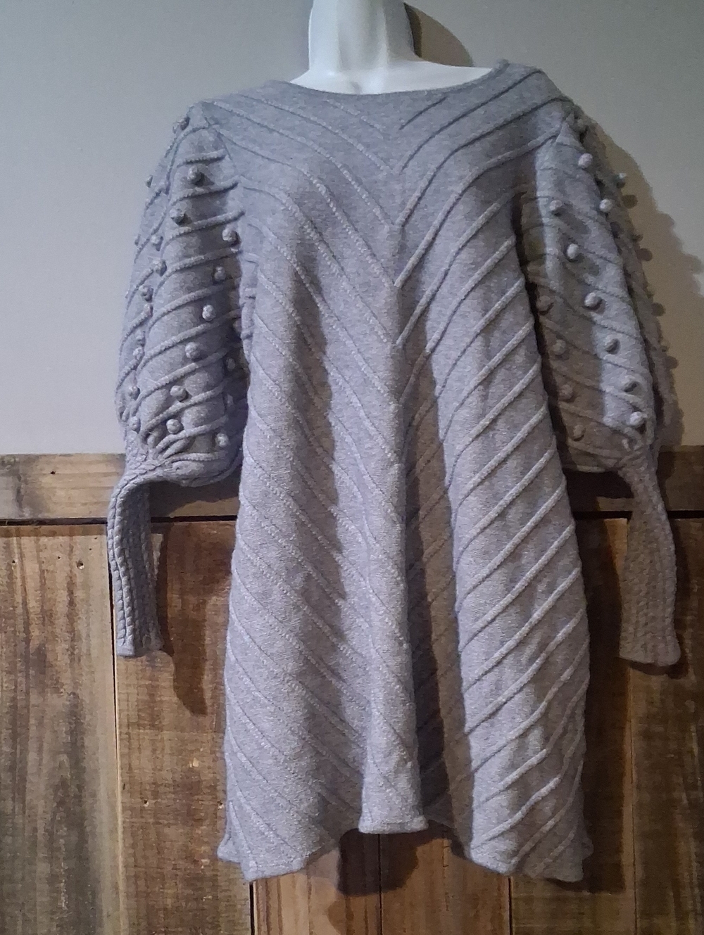 Avantlook Light Gray Off-Shoulder Textured Knit Dress with Bobble Detail